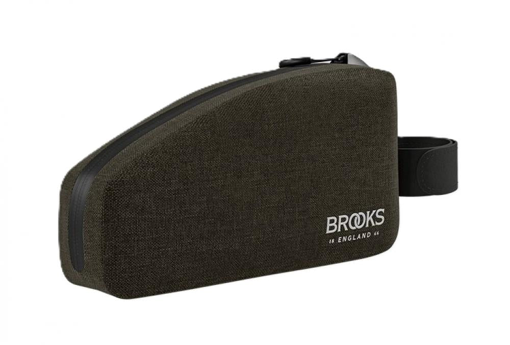 BROOKS Scape Top Tube Bag Mud Green - wasserdichte Oberrohrtasche 0,9 Liter mit Kabeldurchführung & seitlichem Reißverschluss - ideal für Gravel & Bikepacking