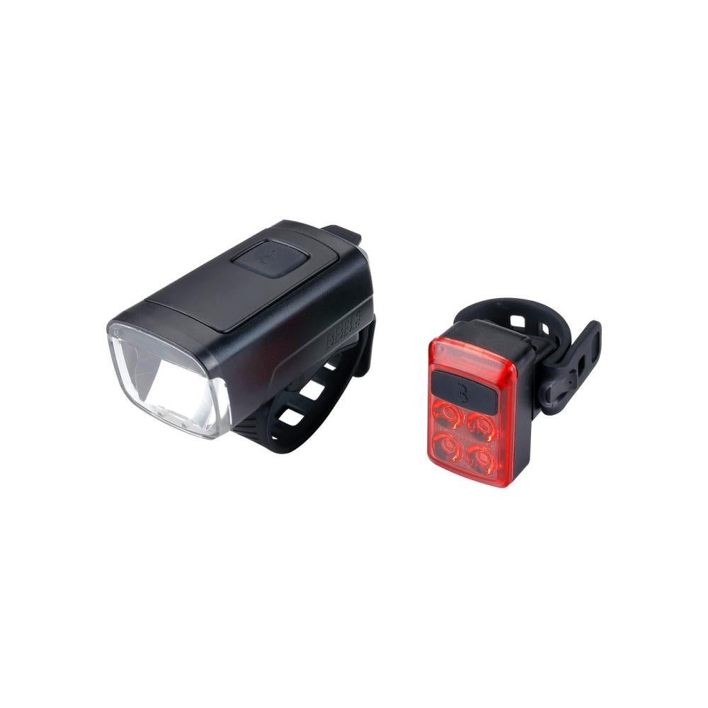 BBB BLS-231 Stud50 Combo + BLS-236 Rear Slide schwarz - leistungsstarkes USB-Lichtset mit 50 Lux/250 Lumen Frontlicht und hellem Rücklicht, wasserdichtem Design, 4-LED-Batterieanzeige