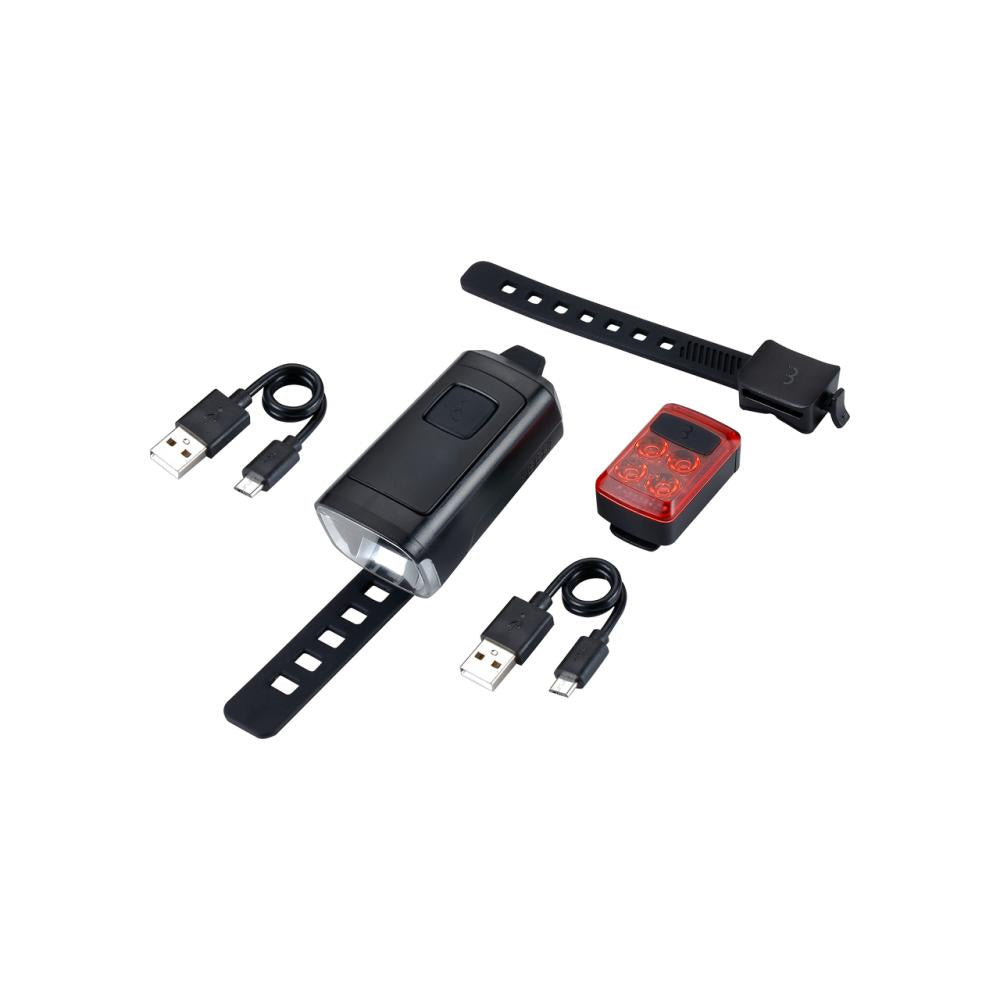 BBB BLS-231 Stud50 Combo + BLS-236 Rear Slide schwarz - leistungsstarkes USB-Lichtset mit 50 Lux/250 Lumen Frontlicht und hellem Rücklicht, wasserdichtem Design, 4-LED-Batterieanzeige