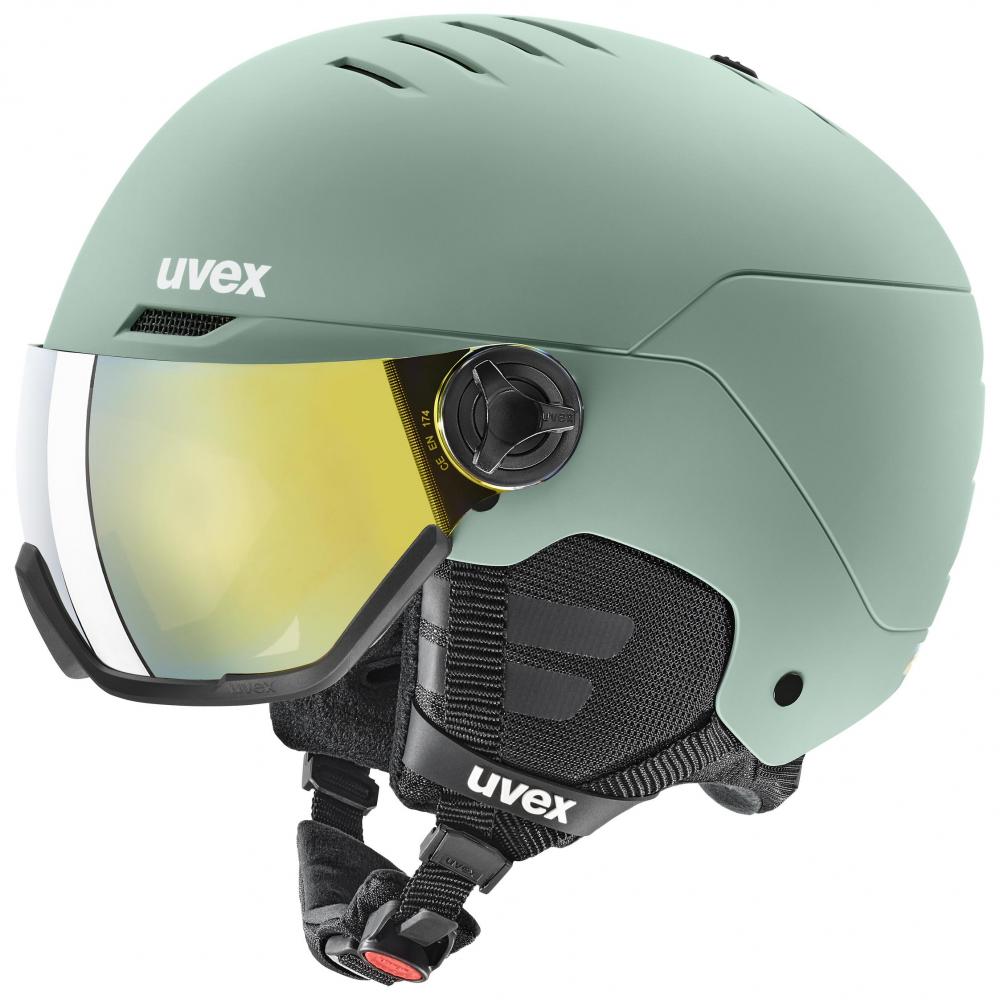 UVEX Wanted Visor - robuster Skihelm mit integriertem Visier - optimaler Schutz für Damen und Herren - effiziente Belüftung - Oxid Green matt - Größe 58-61 cm