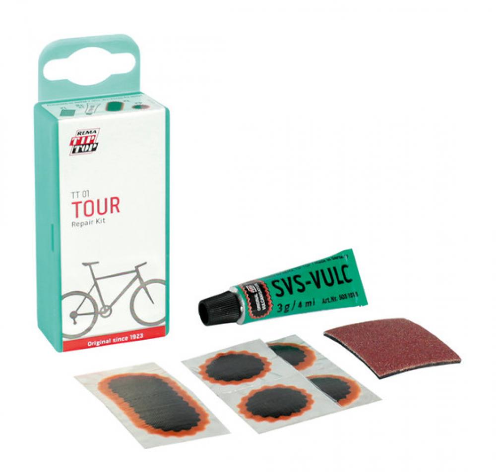 REMA TIP TOP Flickzeug Set TT 01 SB  Fahrrad-Schlauchreparaturset mit 4 runden Flicken, 1 ovalem Flicken, 3 g SVS-Vulkanisierflüssigkeit und Schleifleinen für schnelle Reparaturen unterwegs