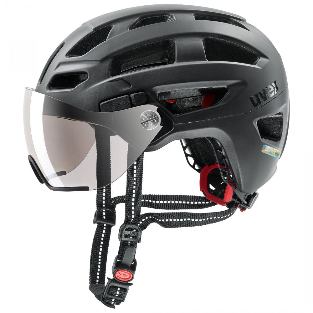 Uvex Finale Visor Fahrradhelm, Black matt, 56-61 cm, mit LED-Licht, Visier Filterkategorie 1, Double Inmould, IAS-System