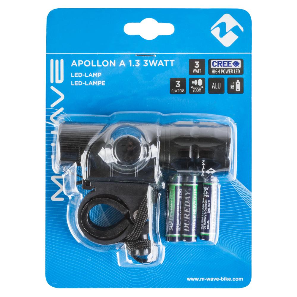 M-Wave Apollon A 1.3 Batterie-Frontlicht 3 W CREE-LED Zoomfunktion Clip-On Halterung inklusive AAA-Batterien