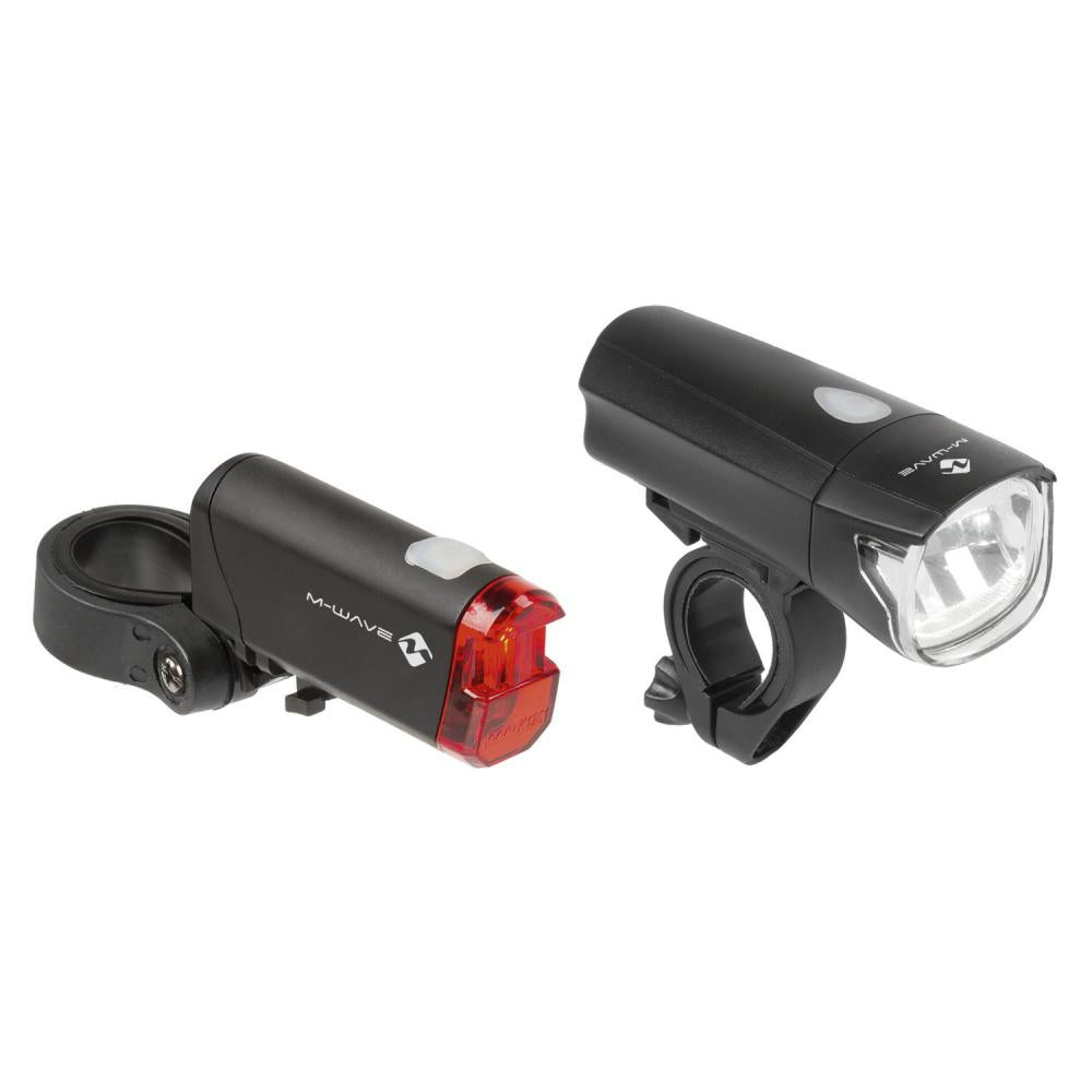 M-WAVE Atlas K50 LED Fahrradlicht-Set 30/15 Lux, StVZO, inkl. Batterien, spritzwassergeschützt, Clip-Halter