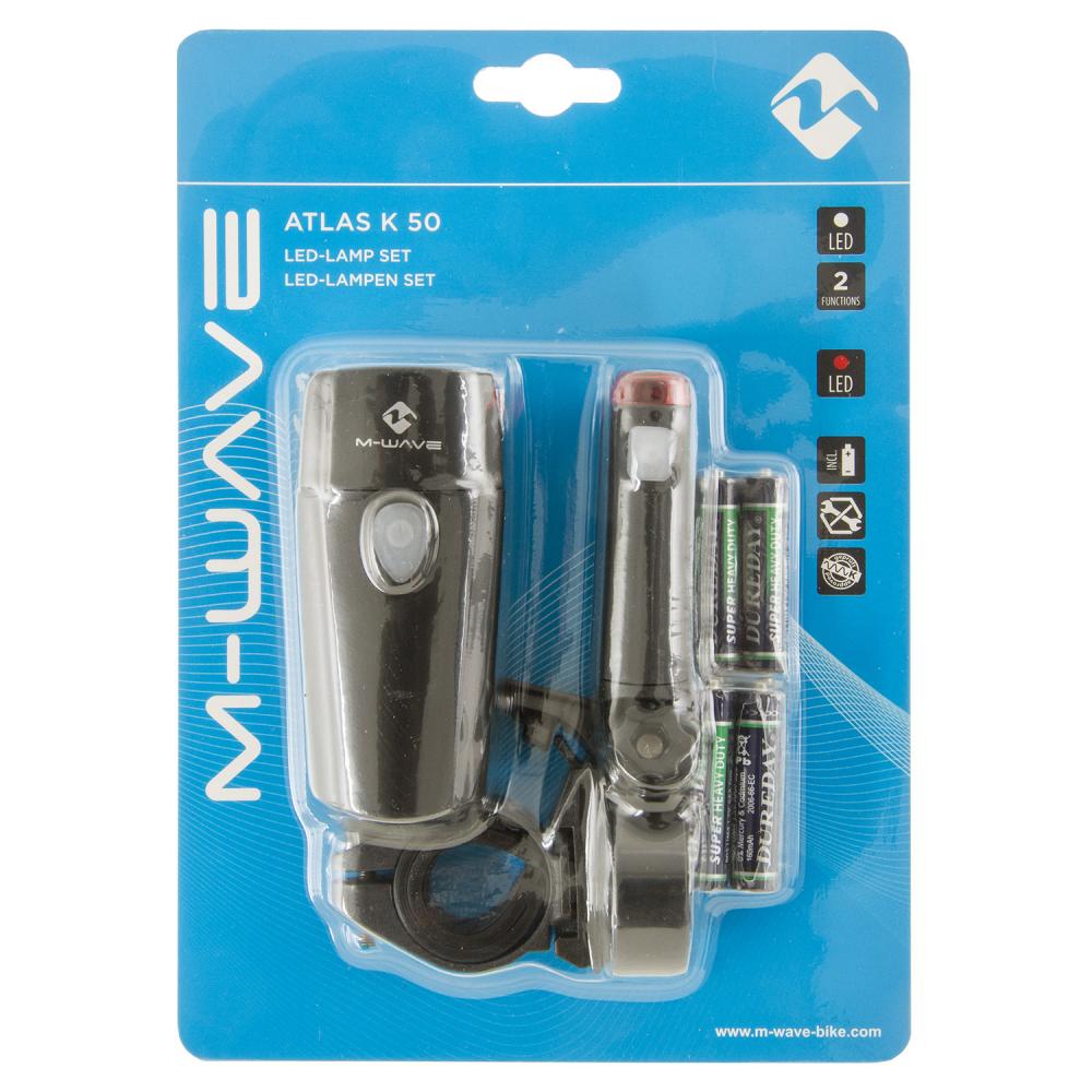 M-WAVE Atlas K50 LED Fahrradlicht-Set 30/15 Lux, StVZO, inkl. Batterien, spritzwassergeschützt, Clip-Halter