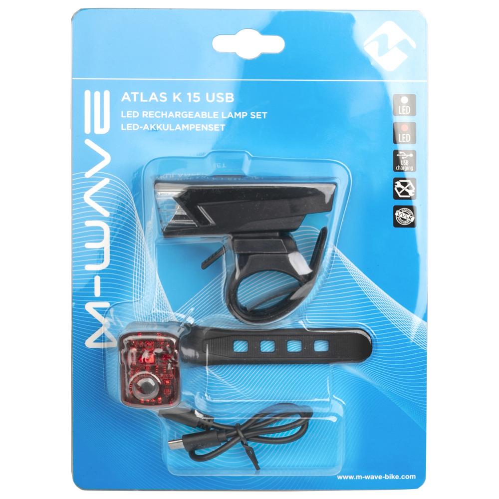 M-WAVE Atlas K 15 USB Akku-Fahrradlicht-Set, 70&#8239;lm, 30/15&#8239;Lux, 1200&#8239;mAh, StVZO-zugelassen, werkzeuglose Montage