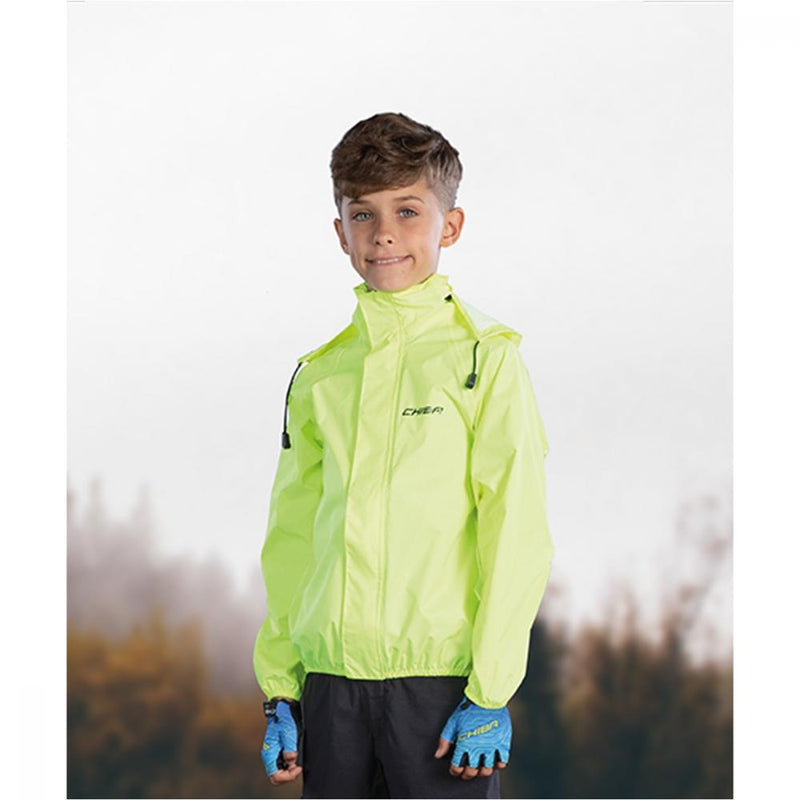 Chiba Regenjacke Rain Kids neongelb Größe L - wasserdichte Kinder-Fahrradjacke mit reflektierenden Elementen, winddicht und atmungsaktiv, leicht, kompakt verstaubar und gut sichtbar im Straßenverkehr