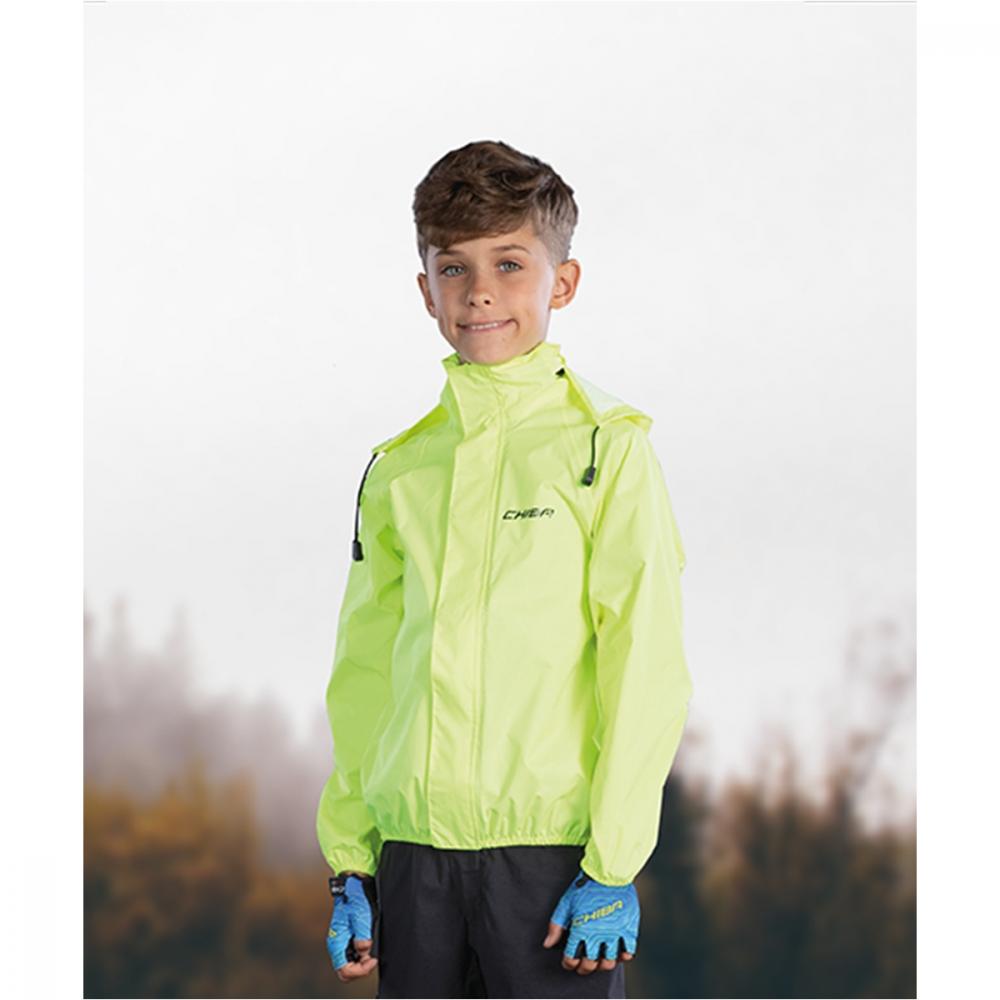 Chiba Regenjacke Rain Kids neongelb Größe S - wasserdichte Kinder-Fahrradjacke mit reflektierenden Elementen, atmungsaktiv, winddicht, leicht und kompakt verstaubar