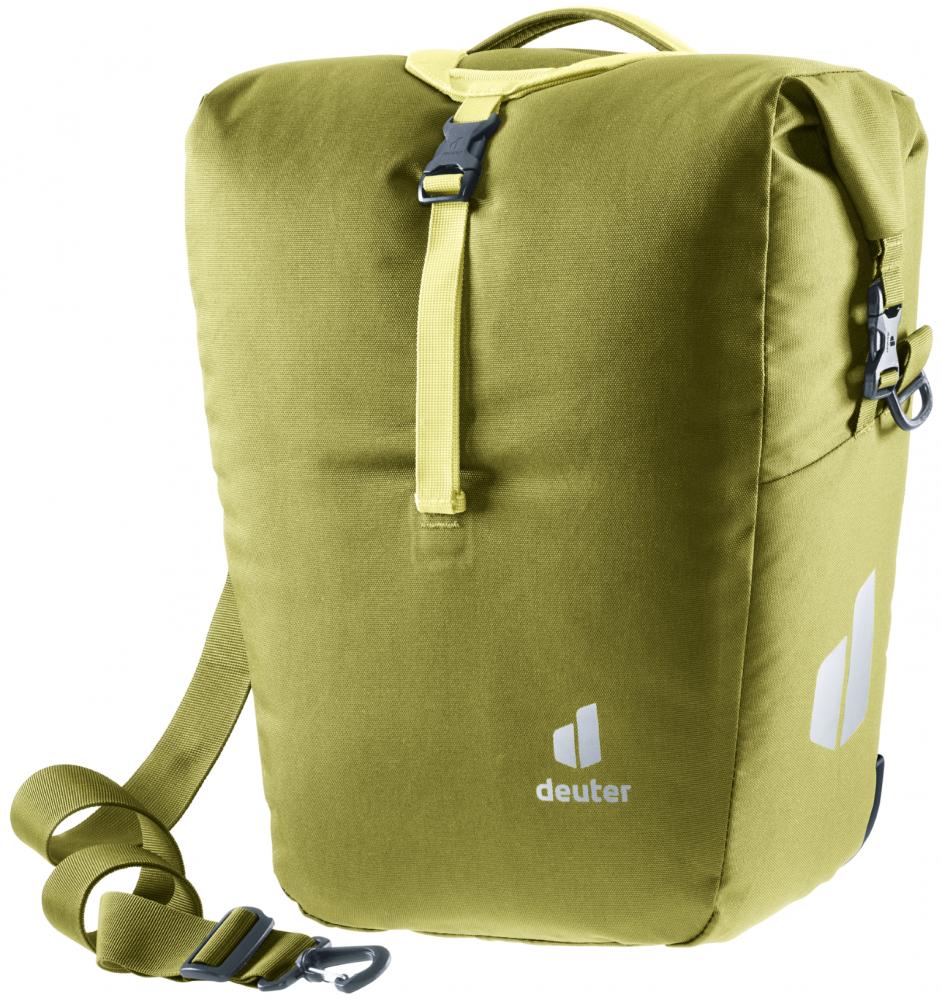 Deuter Valbona 20+5 Gepäckträgertasche 25 Liter cactus - wasserdichte Roll-Top Gepäckträgertasche mit BagFix Halterung, Regenhülle, seitlichen RV-Taschen