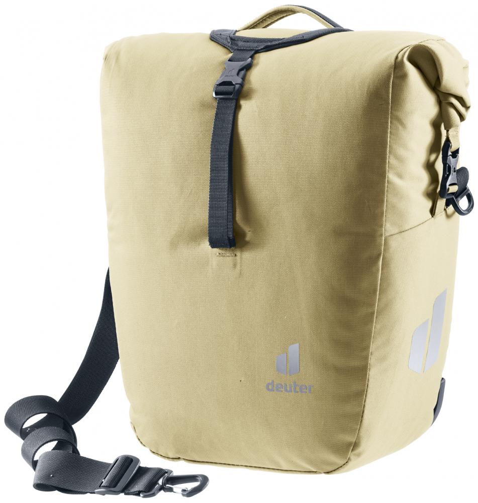 Deuter Valbona 20+5 Gepäckträgertasche 25 Liter desert - wasserdichte Roll-Top Gepäckträgertasche mit BagFix Halterung, Regenhülle, seitlichen RV-Taschen