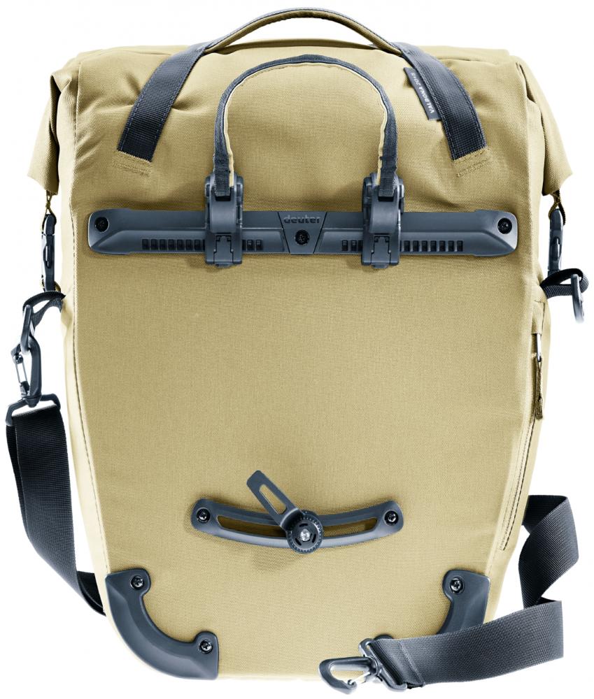 Deuter Valbona 20+5 Gepäckträgertasche 25 Liter desert - wasserdichte Roll-Top Gepäckträgertasche mit BagFix Halterung, Regenhülle, seitlichen RV-Taschen