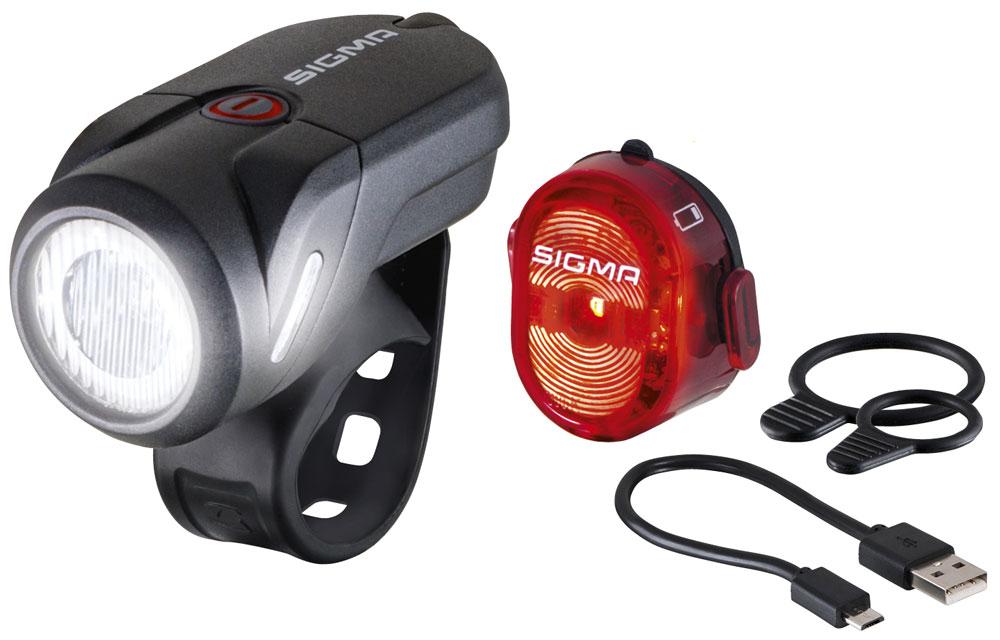 Sigma Akku-LED-Beleuchtungsset Aura 35 USB (35 Lux/45 m, 2 Modi, Micro-USB, StVZO) + Nugget II Rücklicht (400 m Sicht, USB)
