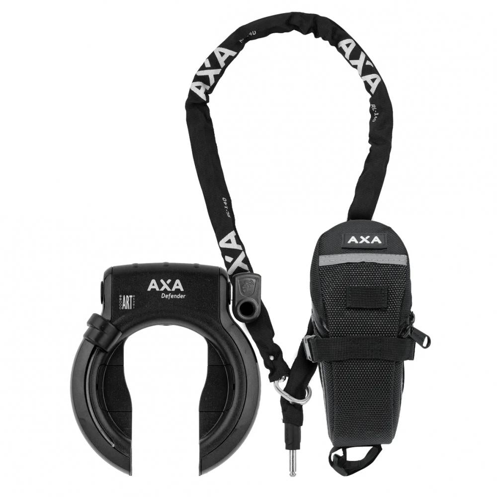 AXA Rahmenschloss-Set Defender mit RLC140 Einsteckkette und Outdoor-Tasche, sicher und praktisch auf Karte verpackt, ideal für unterwegs