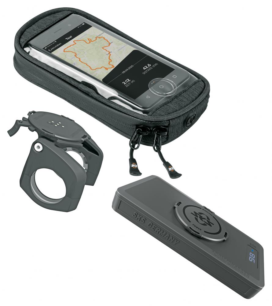 SKS COMPIT+ Fahrrad-Smartphone-Halterung mit 10.000 mAh Powerbank und wasserdichter Tasche, induktives Laden, kompatibel mit E-Bikes und allen gängigen Smartphones