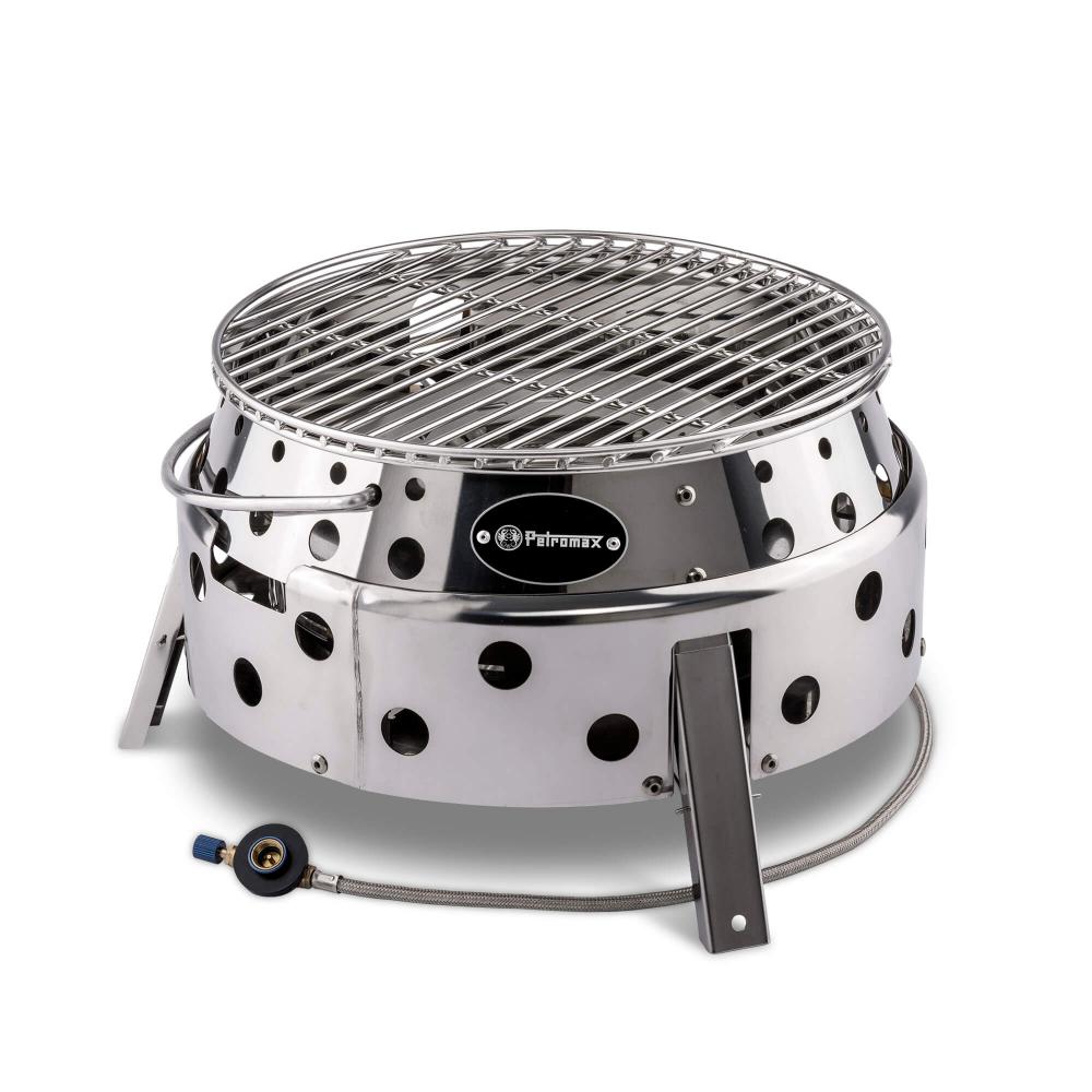 Petromax Atago Gasgrill  kompakter, klappbarer Campinggrill mit Piezo-Zündung, Edelstahl, Ø 28 cm Grillrost, 3,8 kW Leistung, für Schraubkartuschen