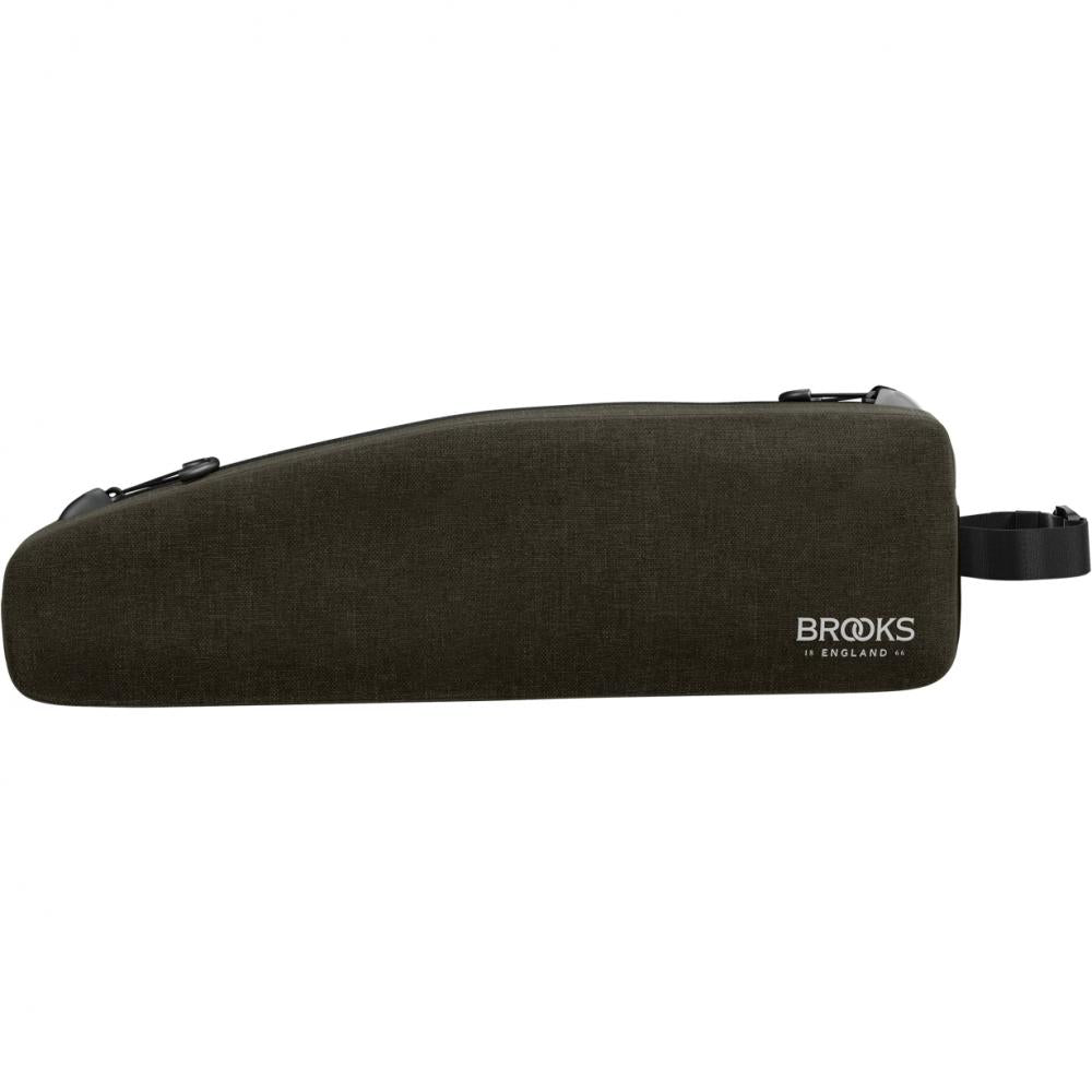 BROOKS Scape Long Top Tube Bag Mud Green - wasserdichte Oberrohrtasche 0,9 Liter aus 600D Polyester mit Hypalon-Details - 100 g leicht, 370x40x110 mm