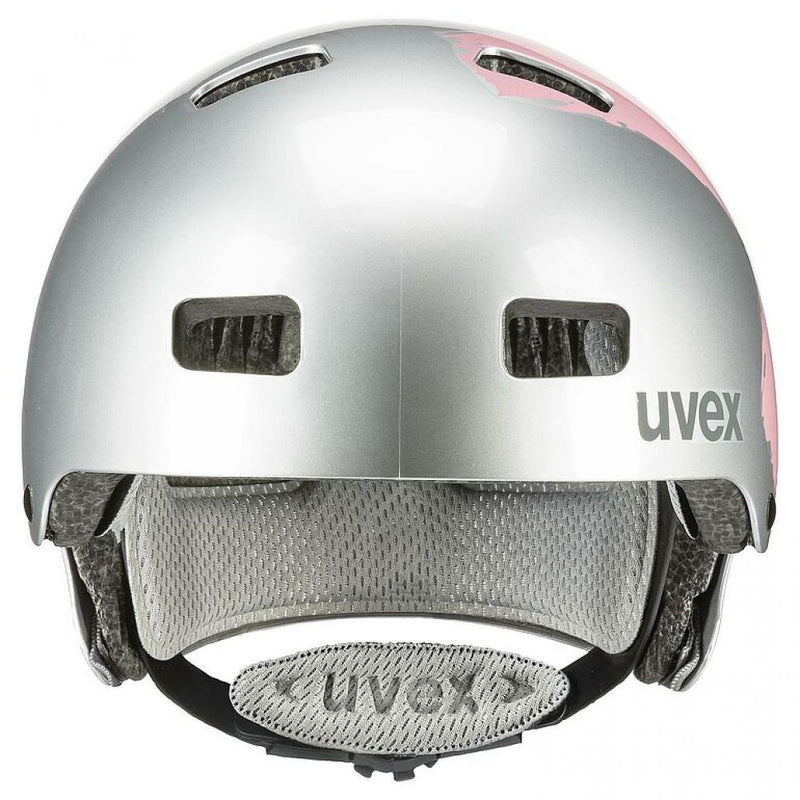 Uvex Kid 3 Kinder-Fahrradhelm, Hardshell-Technologie, 10 Belüftungsöffnungen, IAS-Größenanpassung, Monomatic-Verschluss, herausnehmbare und waschbare Polster, Farbe: Silber-Rosé, Größe: 51-55 cm