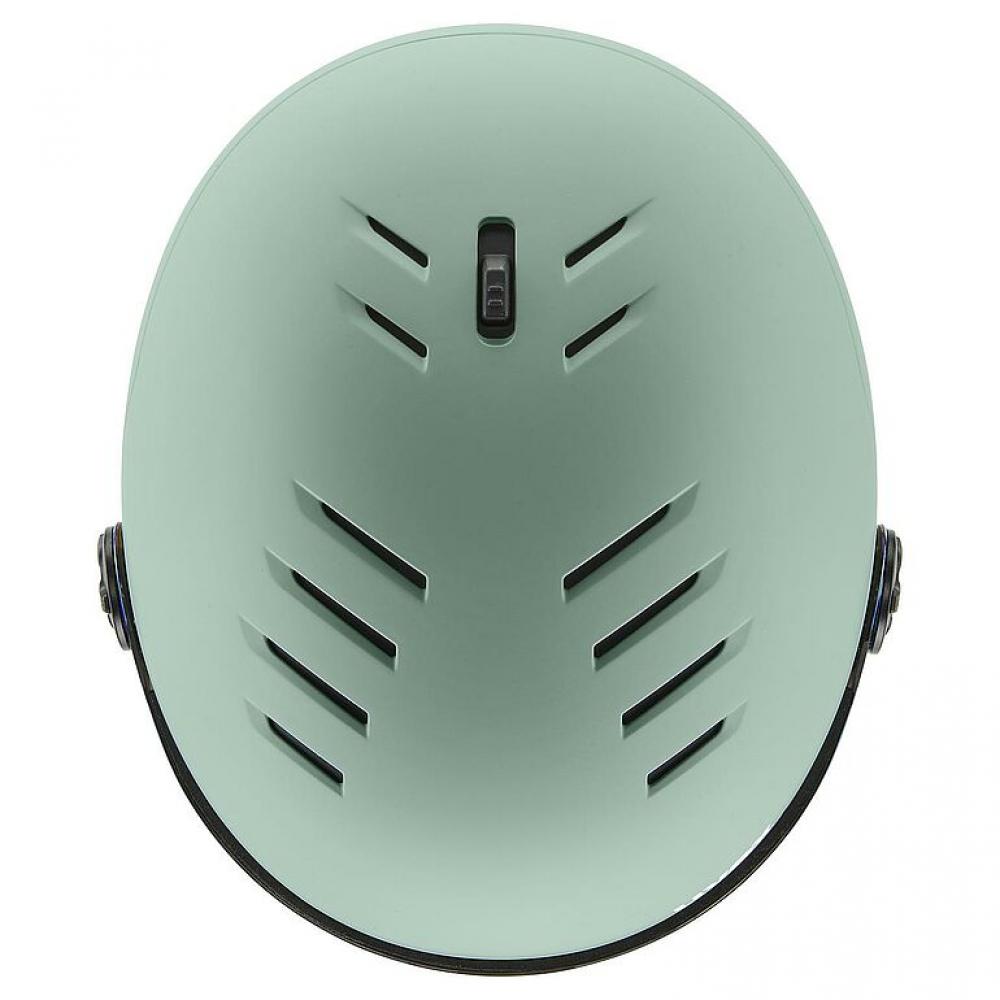 UVEX Wanted Visor - robuster Skihelm mit integriertem Visier - optimaler Schutz für Damen und Herren - effiziente Belüftung - Oxid Green matt - Größe 58-61 cm