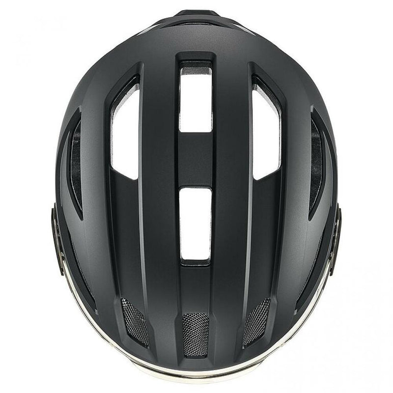 Uvex Stride Visor Fahrradhelm black matt 53-56 cm mit litemirror silver Visier, LED-Licht & Z-Lok-Halterung