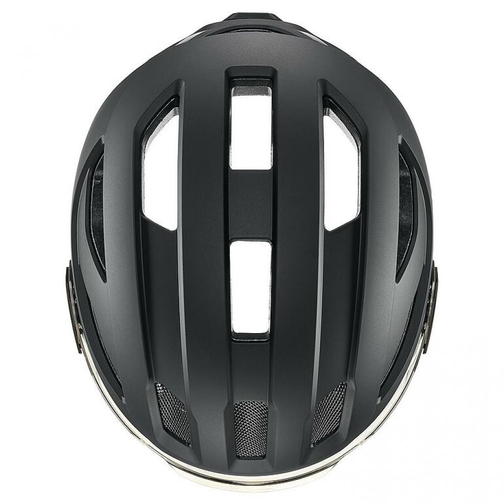 Uvex Stride Visor Fahrradhelm black matt 53-56 cm mit litemirror silver Visier, LED-Licht & Z-Lok-Halterung