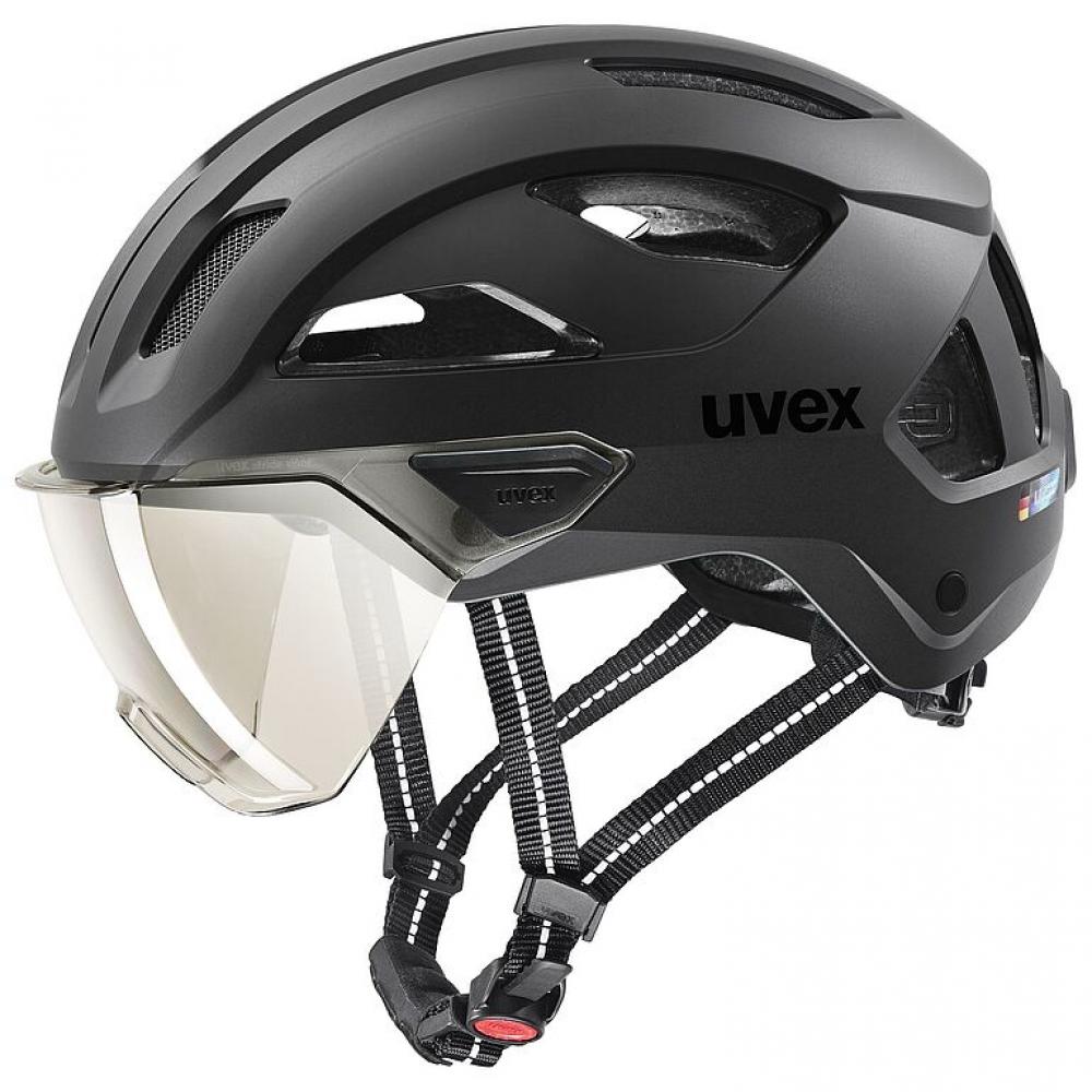 Uvex Stride Visor Fahrradhelm black matt 53-56 cm mit litemirror silver Visier, LED-Licht & Z-Lok-Halterung