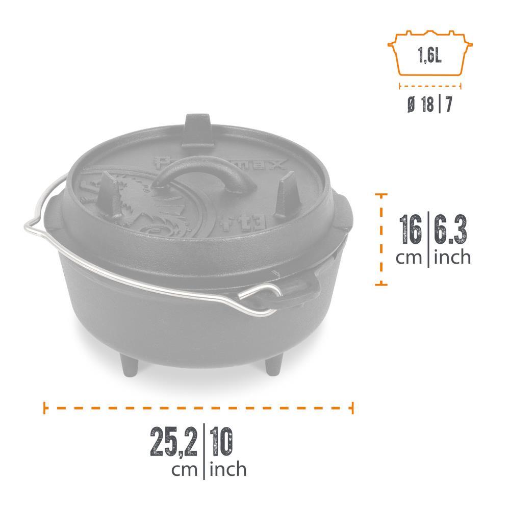 Petromax Feuertopf ft3 Dutch Oven, 1,8 l Gusseisen, mit Füßen, für 1-3 Personen, ideal zum Kochen und Backen im Freien oder Backofen