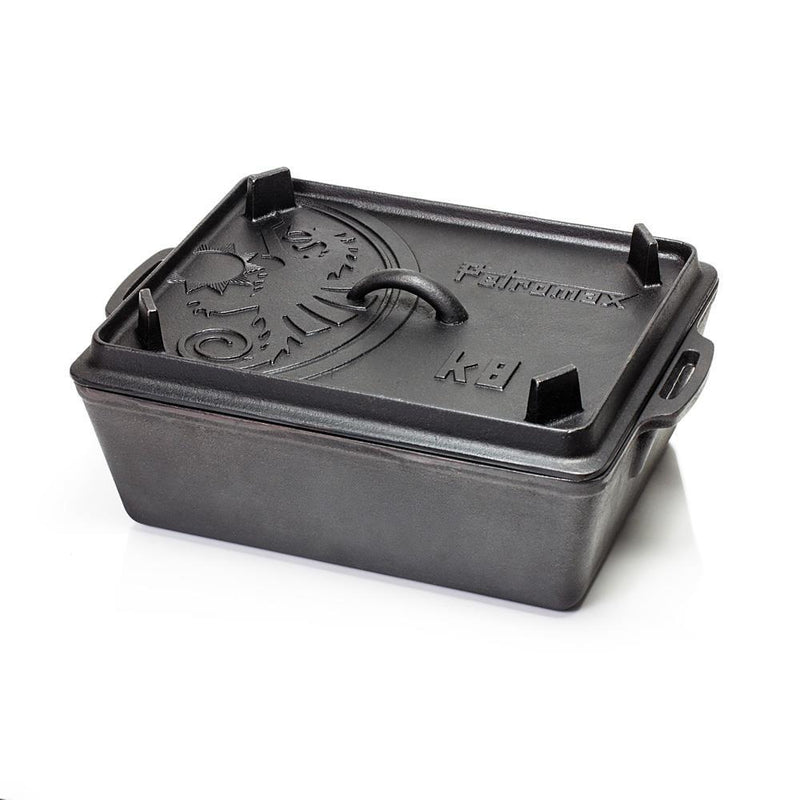 Petromax Kastenform k8 mit Deckel, 5,5 l Gusseisen, für Brot, Kuchen, Aufläufe, Deckel als Grillpfanne nutzbar, sofort einsatzbereit