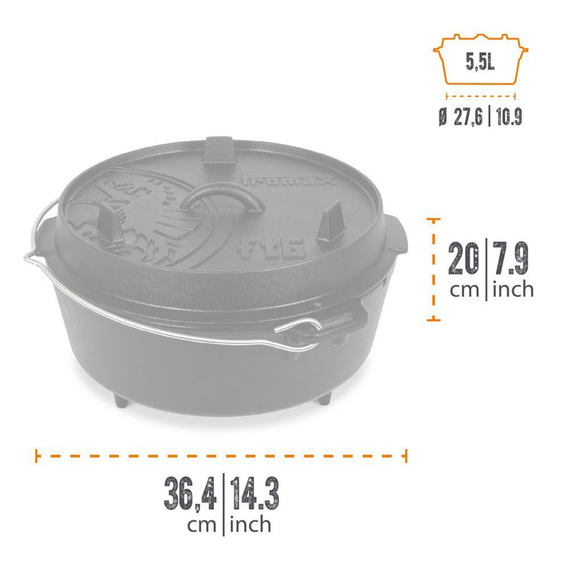 Petromax Feuertopf ft6 Dutch Oven 5,5 l Gusseisen, Deckel als Pfanne nutzbar, Thermometerdurchführung, für 48 Personen, ideal für Lagerfeuer & Grill