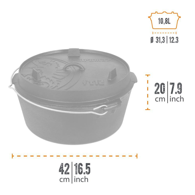 Petromax Feuertopf ft12 ohne Füße, 11,5 l Gusseisen, für 14-20 Personen, Deckel als Pfanne nutzbar, ideal für Outdoor-Kochen, gleichmäßige Hitzeverteilung, perfekt für Feuerstelle, Grill und Backofen