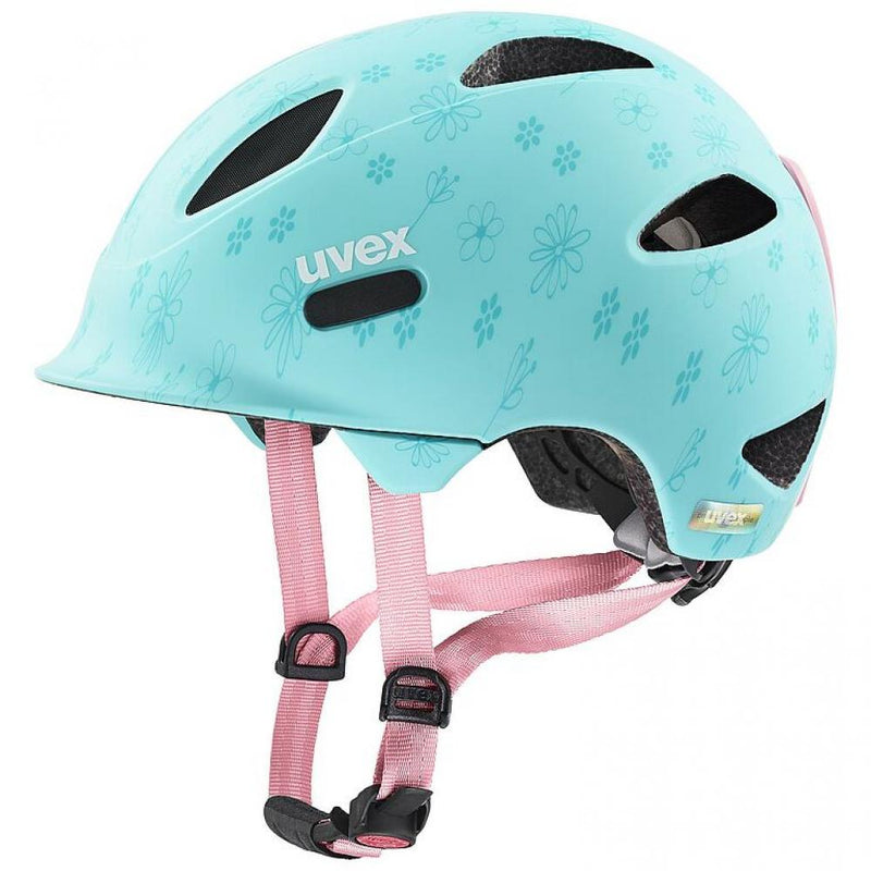 uvex Oyo Style Kinder-Fahrradhelm, leicht, individuelle Größenanpassung, erweiterbar mit LED-Licht, flowers cyan matt, 45-50 cm, hoher Stirn- und Schläfenschutz, optimale Belüftung