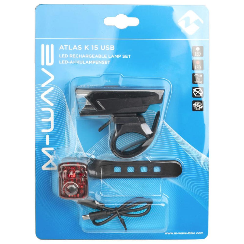 M-WAVE Atlas K 15 USB Akku-Fahrradlicht-Set, 70 lm, 30/15 Lux, 1200 mAh, StVZO-zugelassen, werkzeuglose Montage