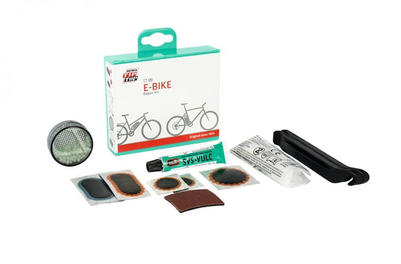 Rema Tip Top TT09 E-Bike Flickzeug-Set mit Lochfinder, Vulkanisierflüssigkeit & Montierhebel