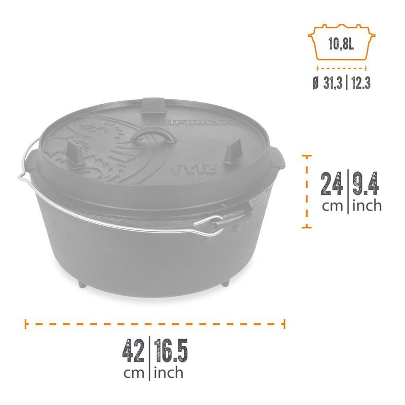 Petromax Feuertopf FT12 mit Füßen, 10,8 l Gusseisen, für 14-20 Personen, Deckel als Pfanne nutzbar, ideal zum Kochen und Backen im Freien